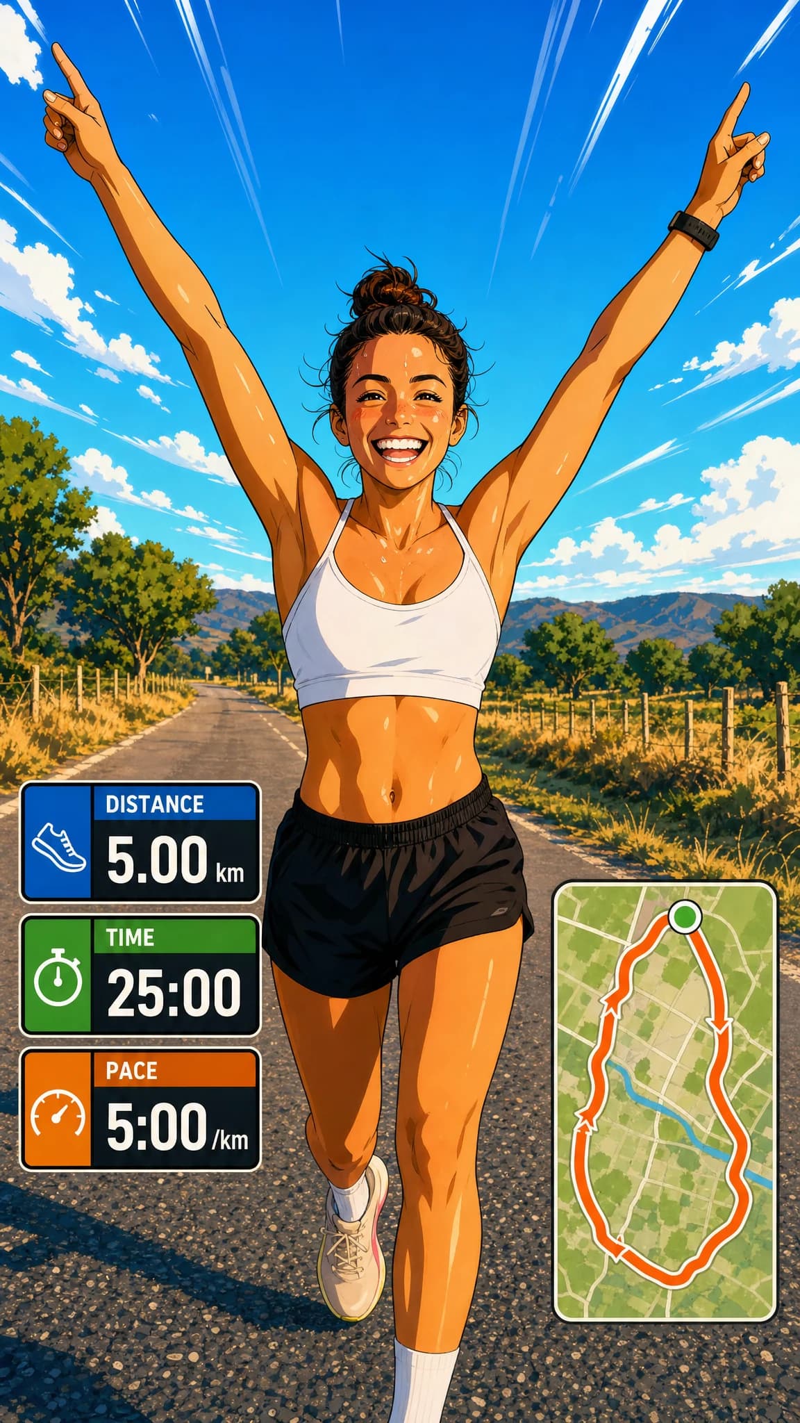 The same run restyled into anime art with the stats and route woven in