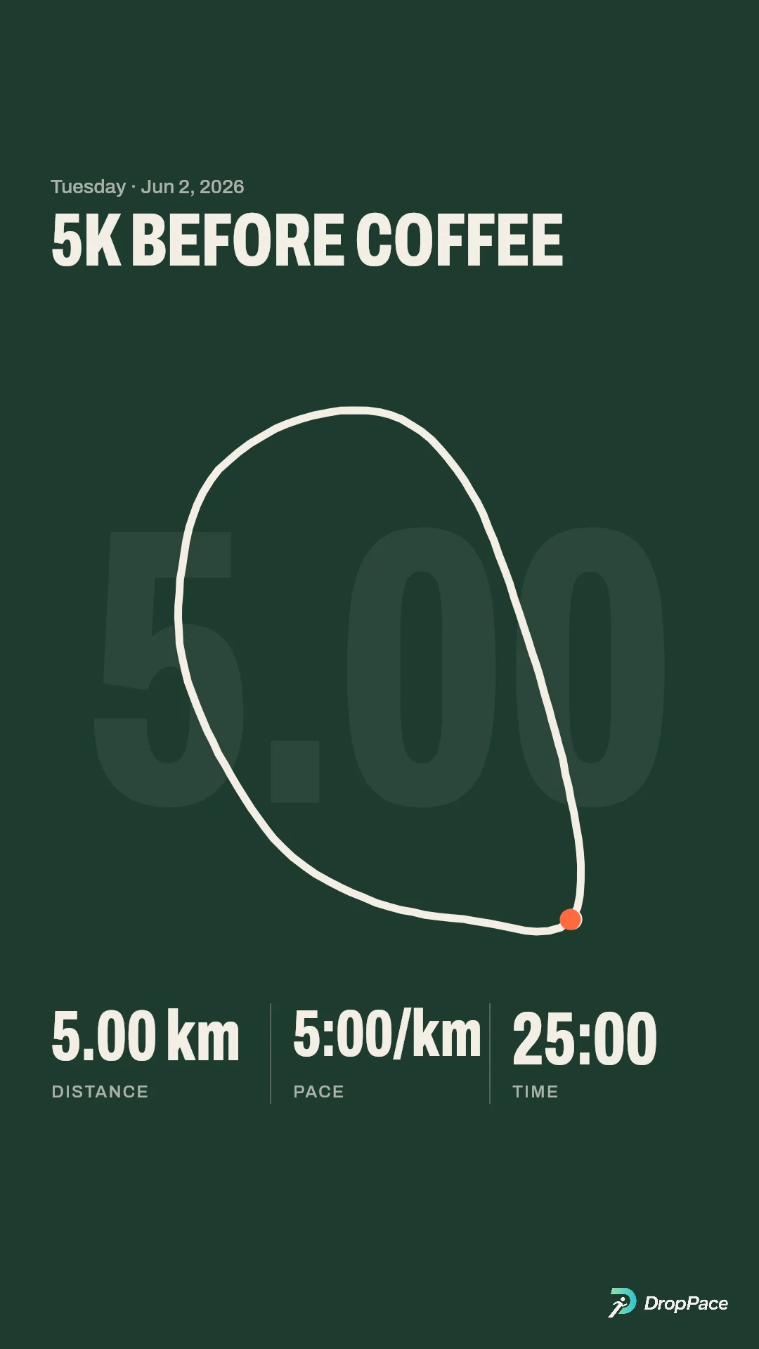 The run as a Card: its route and stats in a ready-made design under the title ā5K before coffeeā