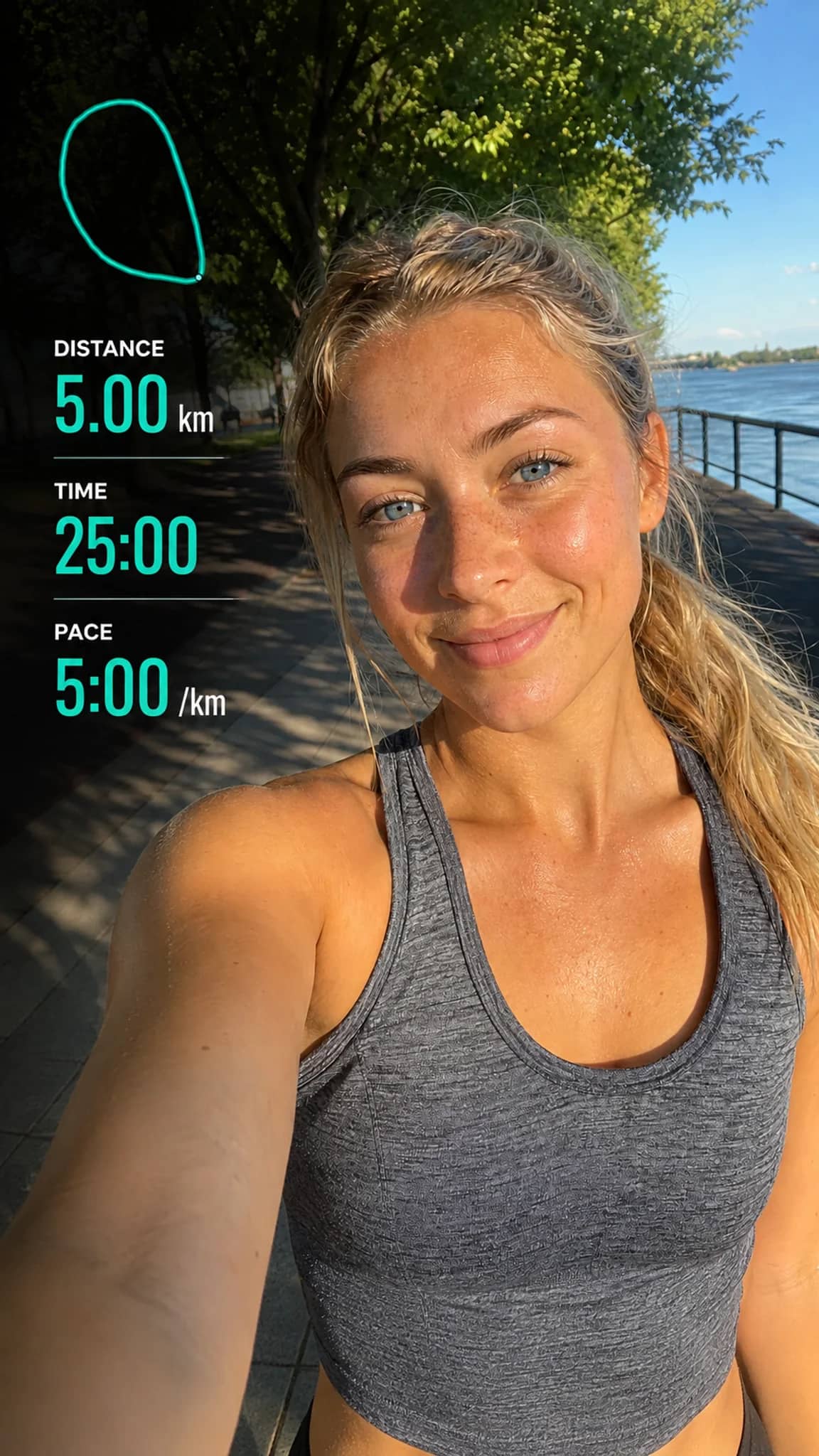 The same photo with the run's route and stats on top