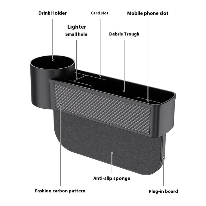 Black universal car seat gap organizer with labeled compartments for drink, mobile phone, cards, and lighter, featuring a carbon fiber pattern and anti-slip base.